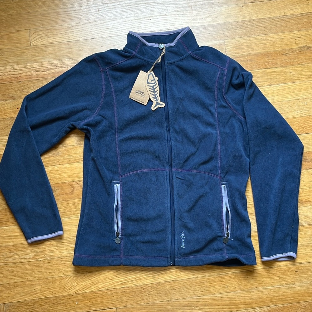 Weird Fish blue fleece with lavender trim and front zipper.